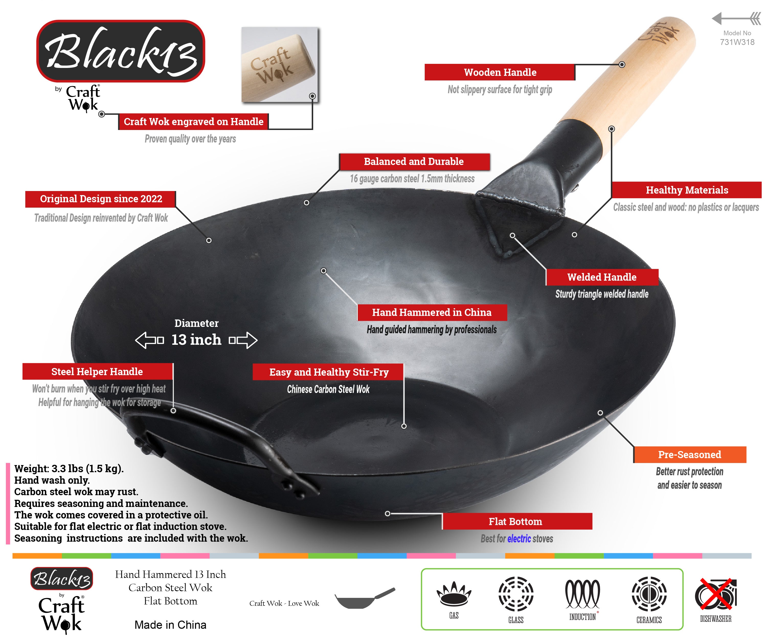 Black13 by Craft Wok Flat Pre-Seasoned Hammered Carbon Steel Wok with